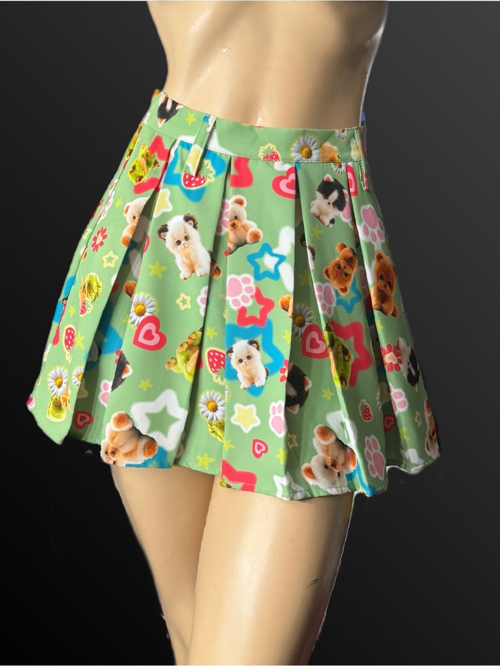 Sweet Society Playful Green Pleated Mini Skirt with Puppy Print